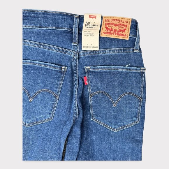 24x30 Levis Jeans Women's 00 721 High Rise Skinny Distressed Dark Blue Denim New - Picture 5 of 11